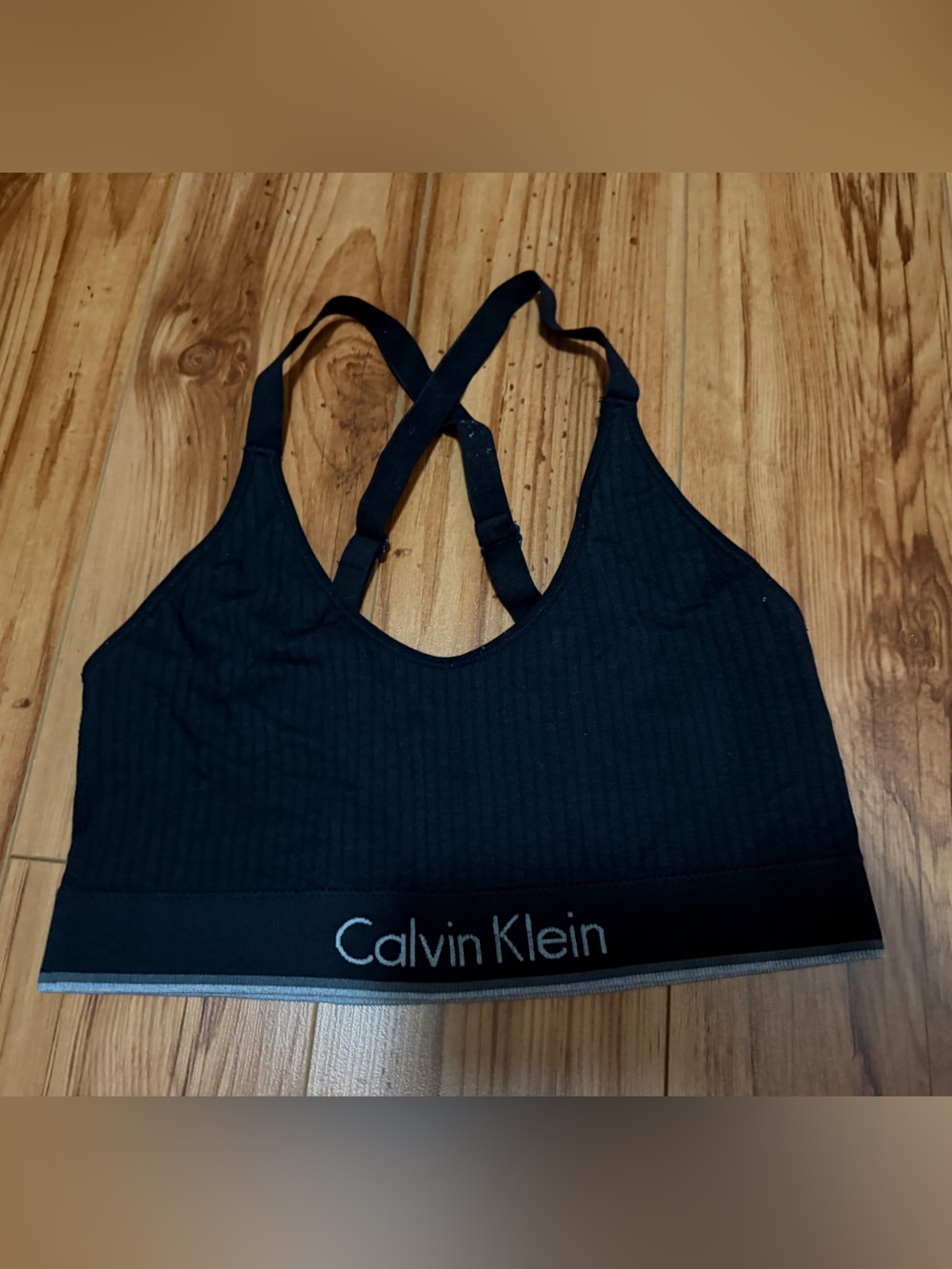Calvin Klein Black Ribbed Sports Bralette with Gray Logo Band